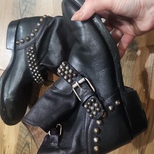 Ash Black Leather Studded Buckle Ankle Boots